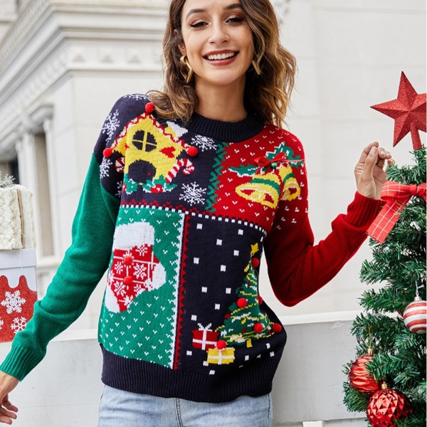 Ugly Christmas Sweaters Color Block Funny Pullovers for Women
