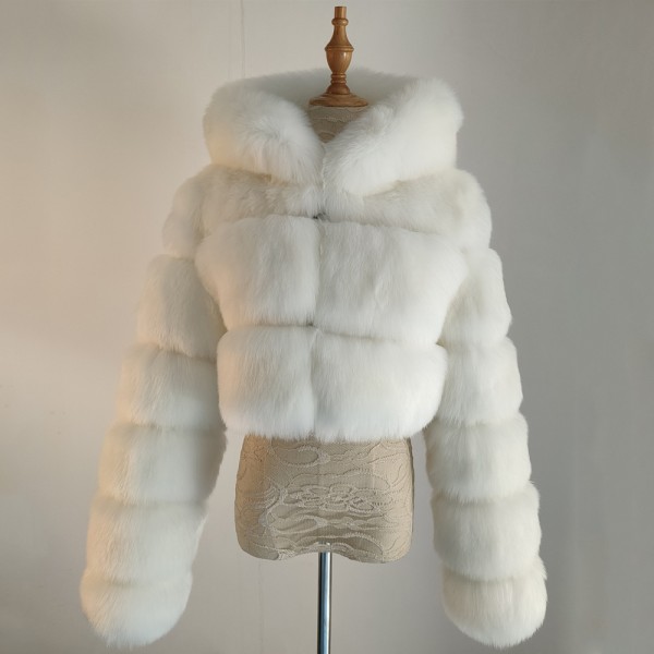 White Faux Fur Coat Women's Hooded Crop Fur Jacket