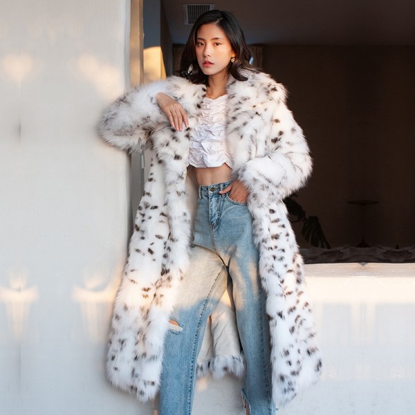 White Faux Fur Coat in Leopard Print Women's Long Fluffy Outerwear