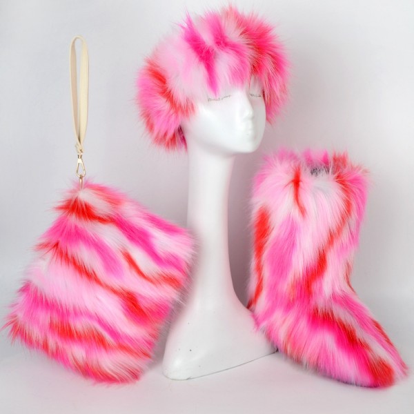 Winter Faux Fur Boots with Matching Fur Headband and Purse Set