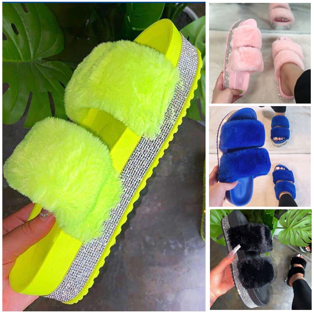 Fuzzy Two Straps Platform Sandals Rhinestones Flatform Slippers