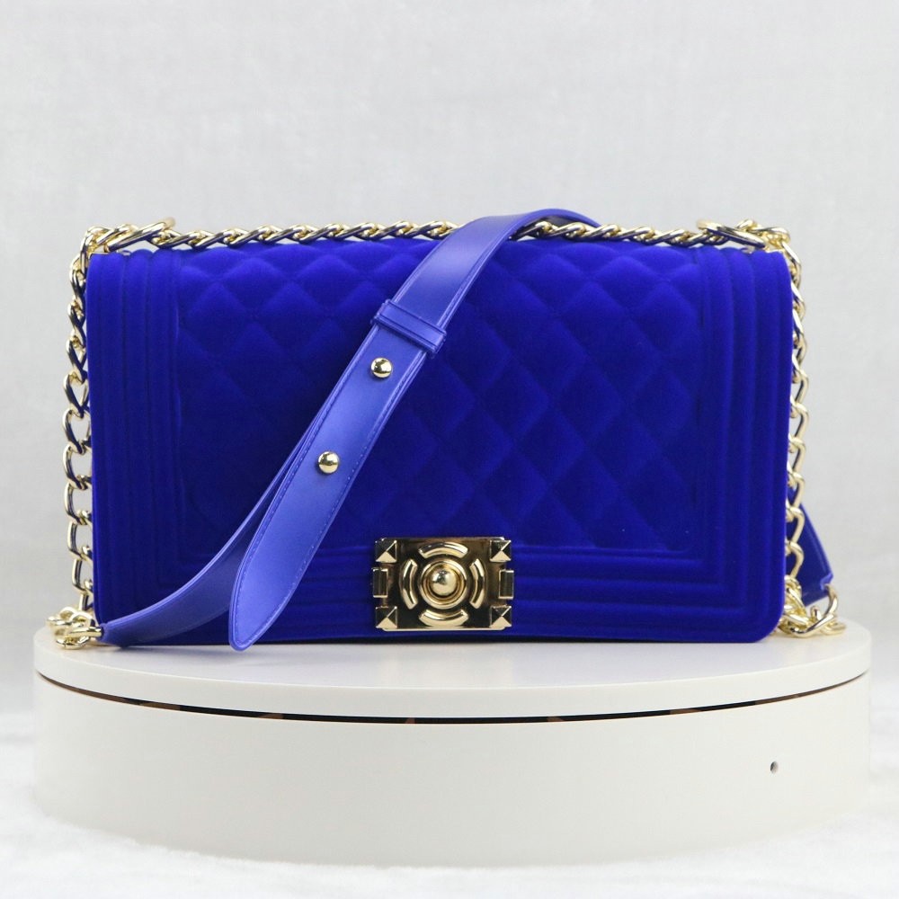 Blue Velvet Chain Strap Top Handle Clutch Bag - CozyLadyWear