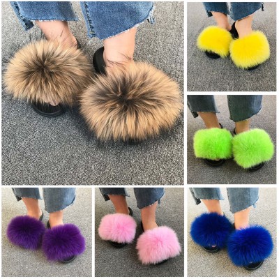 Fashion Fluffy Slippers Real Fox Fur Slides @ Best Price Online